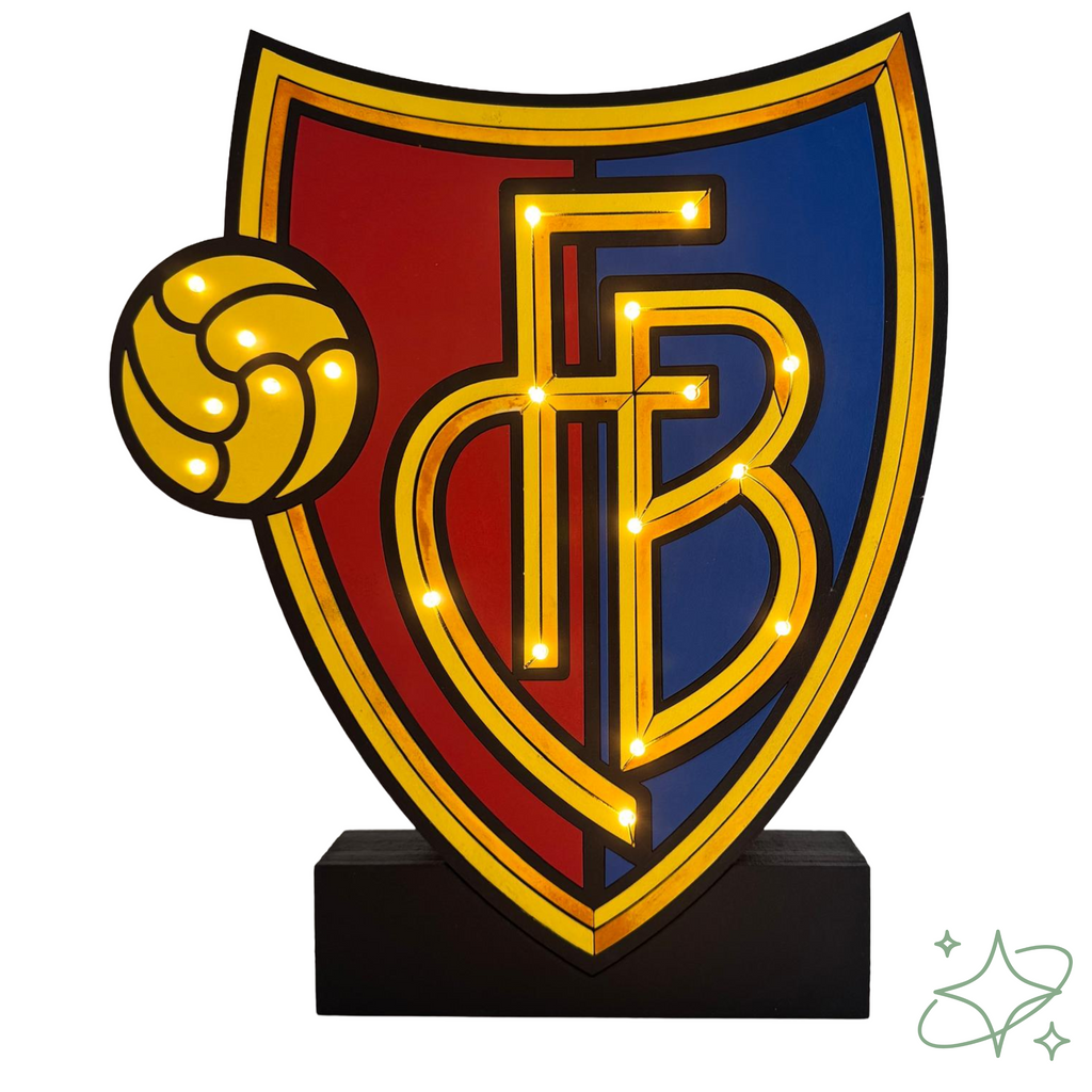LED-Lampe Basel Fußball personalisiert – FCB-Wappen Handarbeit aus Holz AllCraftLab