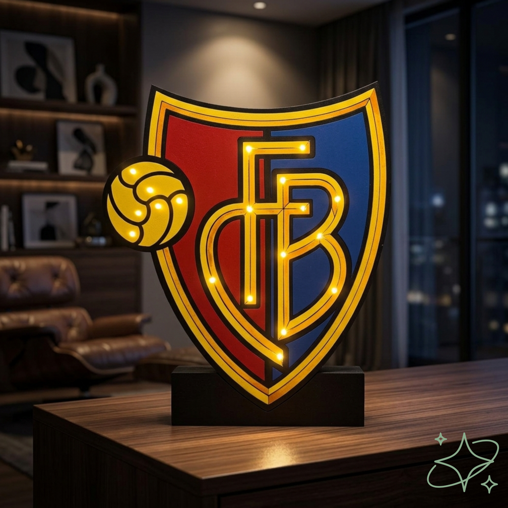 LED-Lampe Basel Fußball personalisiert – FCB-Wappen Handarbeit aus Holz AllCraftLab