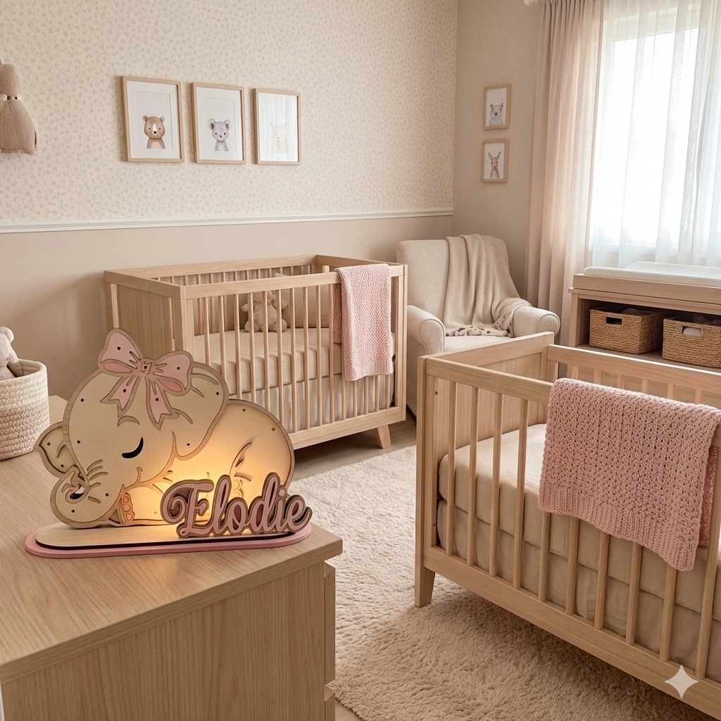 Bundle Nascita "Legno & Luce": Lampada Elefante + Pannello Primo Anno in Acrilico