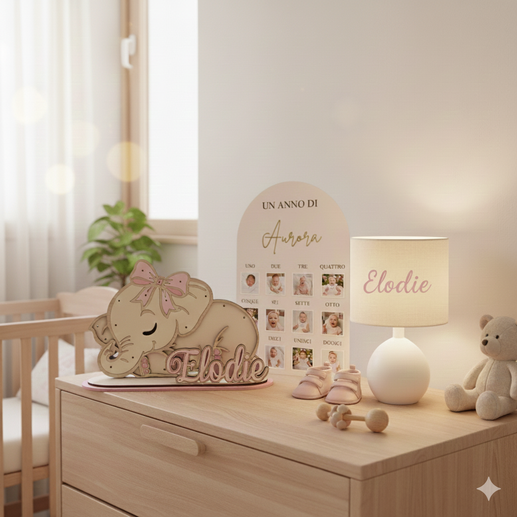 Bundle Nascita "Legno & Luce": Lampada Elefante + Pannello Primo Anno in Acrilico