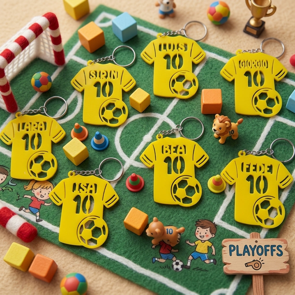 Esempio di portachiavi in acrilico a tema calcio con nomi e numeri personalizzati