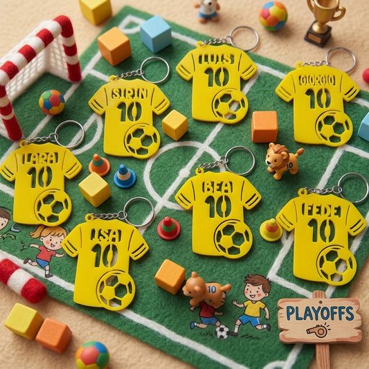 Esempio di portachiavi in acrilico a tema calcio con nomi e numeri personalizzati
