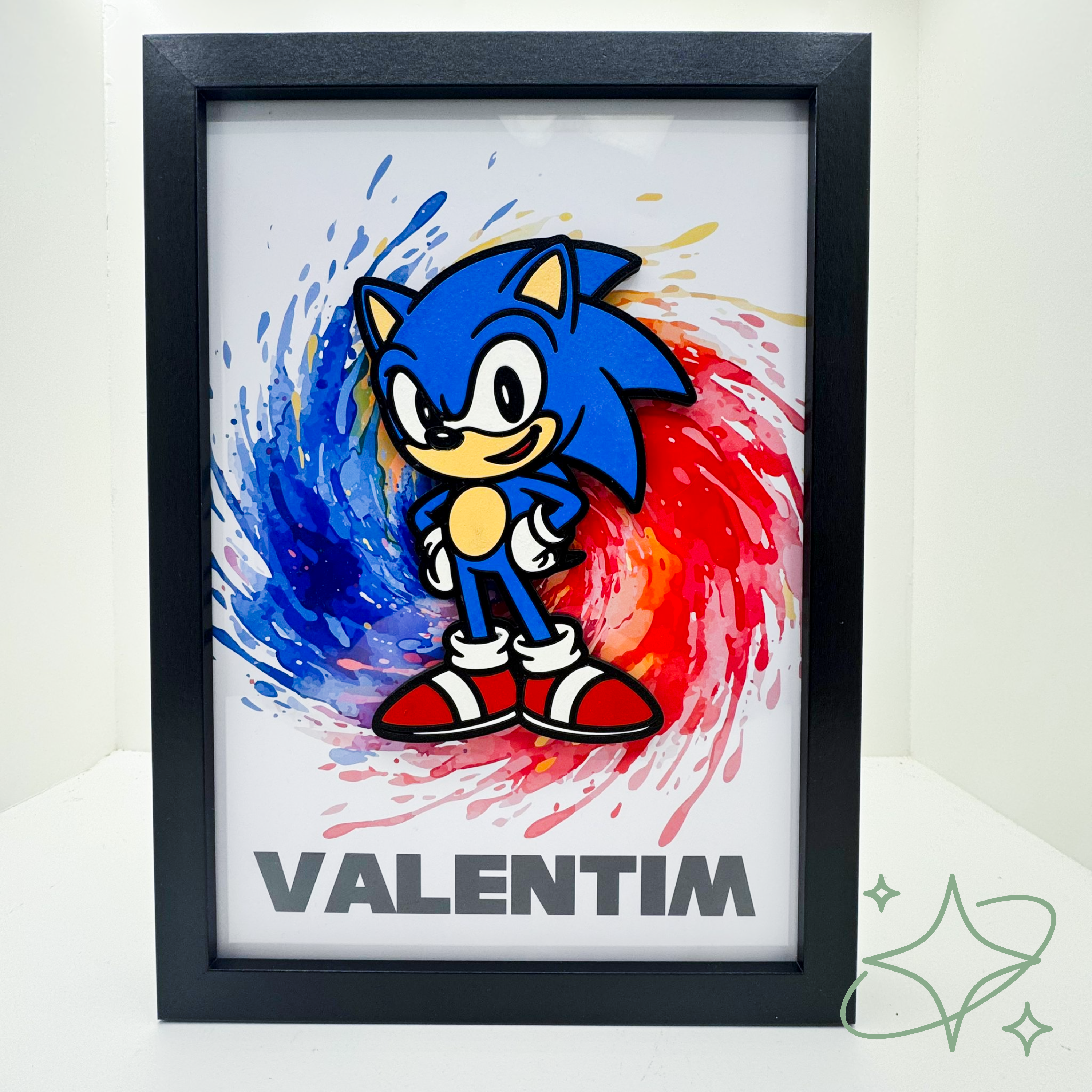 Cornice Personalizzata Sonic con Nome - Decorazione 3D in Legno su Vetro - Formato A4 - Idea Regalo Bambini