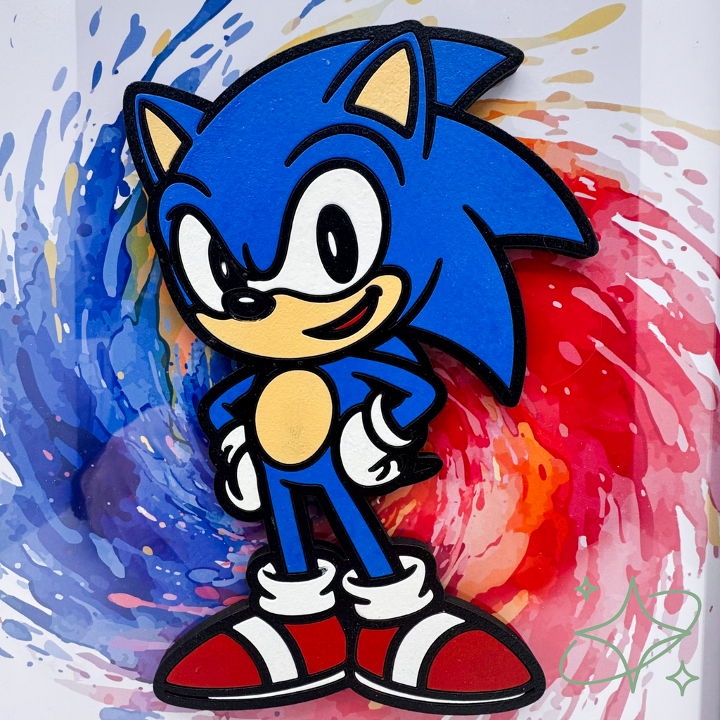 Cornice Personalizzata Sonic con Nome - Decorazione 3D in Legno su Vetro - Formato A4 - Idea Regalo Bambini