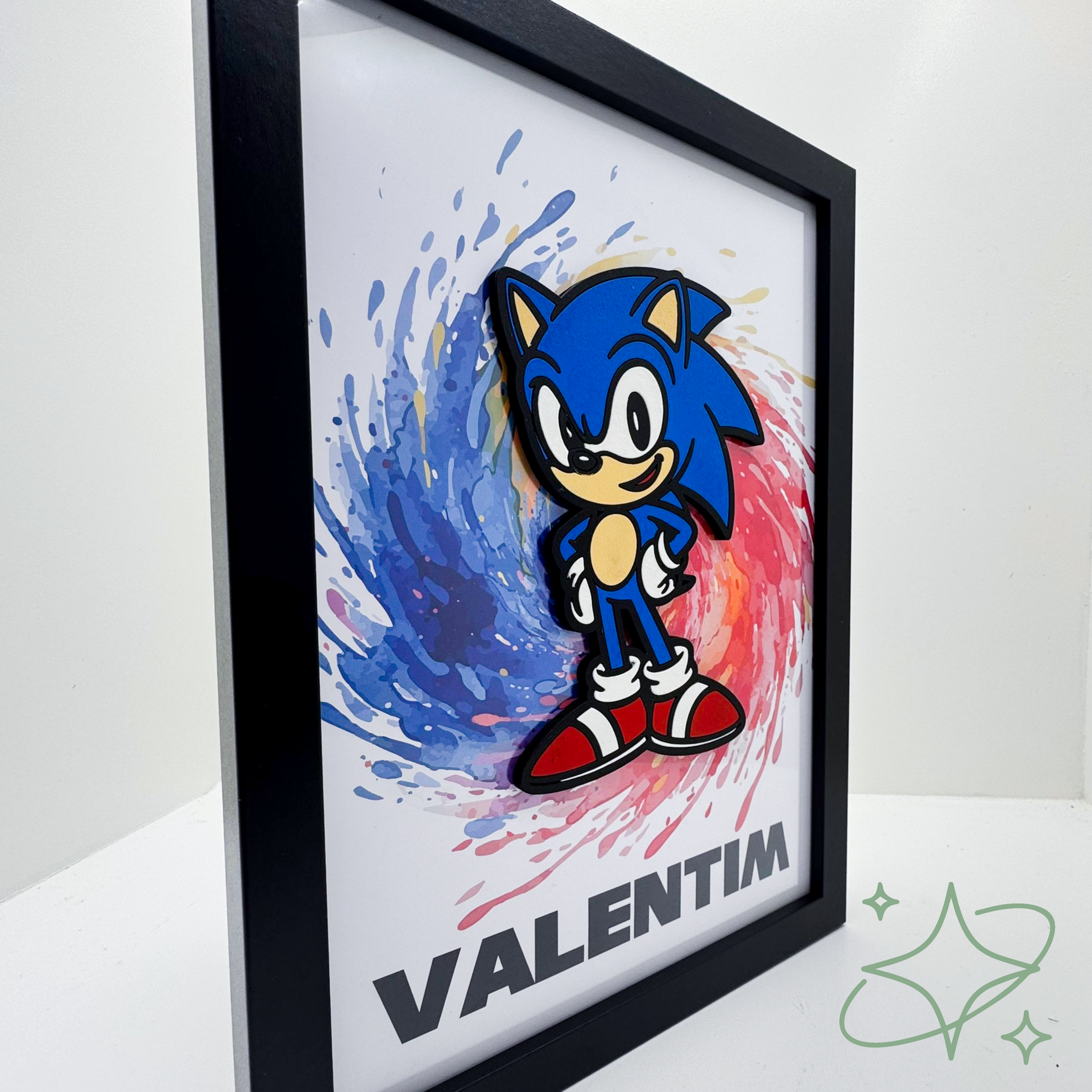 Cornice Personalizzata Sonic con Nome - Decorazione 3D in Legno su Vetro - Formato A4 - Idea Regalo Bambini