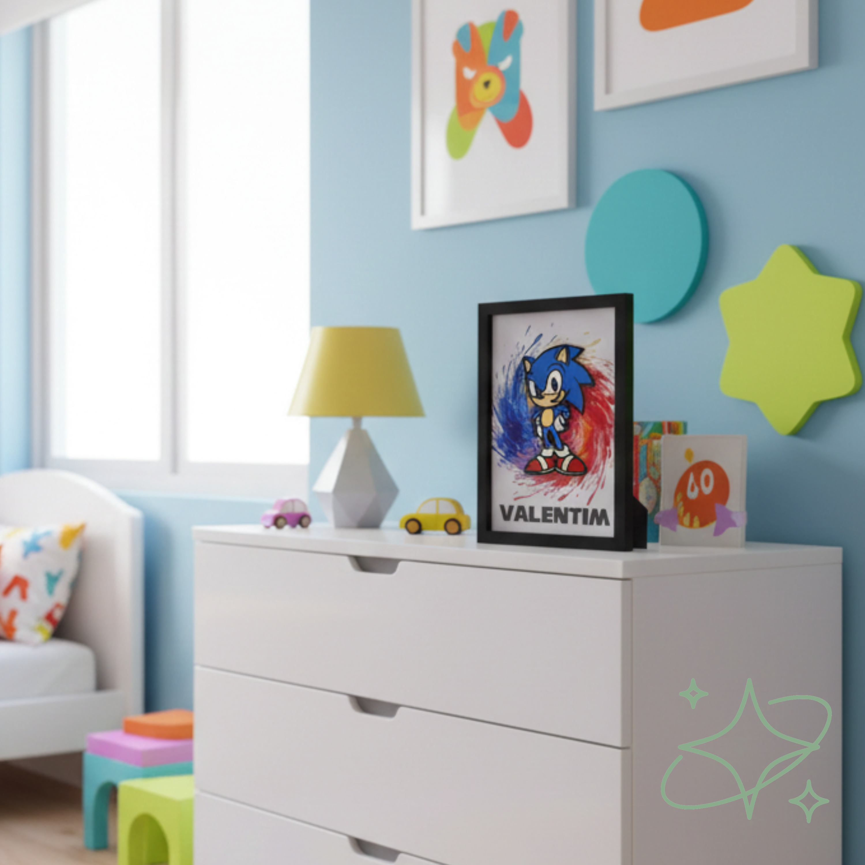 Cornice Personalizzata Sonic con Nome - Decorazione 3D in Legno su Vetro - Formato A4 - Idea Regalo Bambini