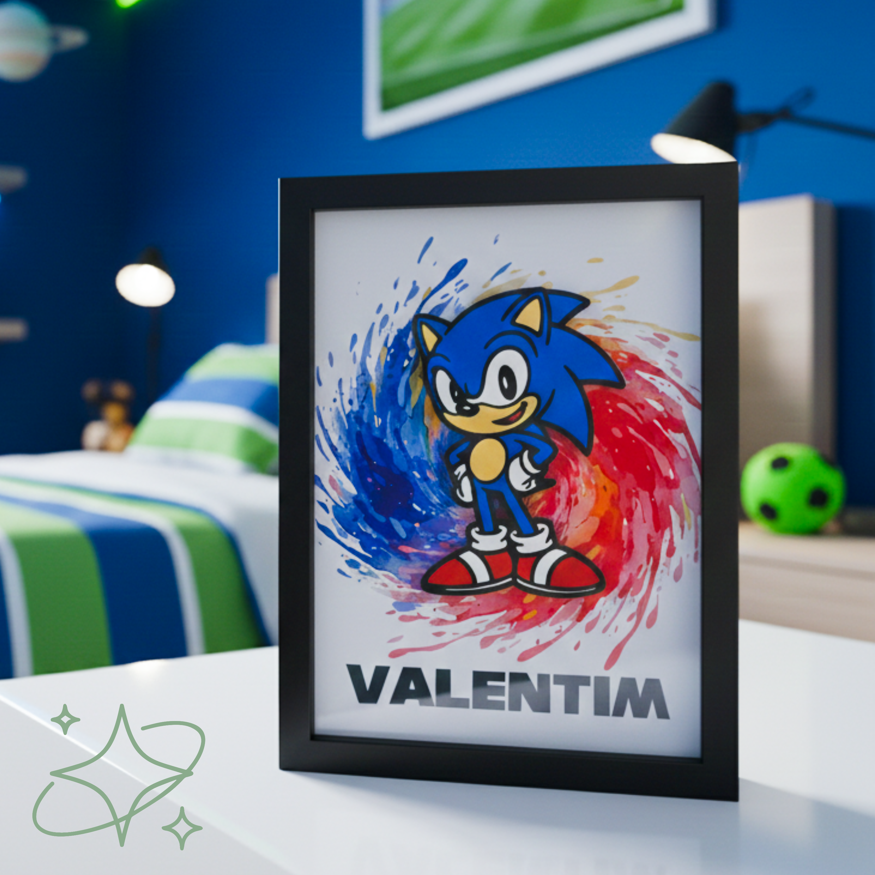 Cornice Personalizzata Sonic con Nome - Decorazione 3D in Legno su Vetro - Formato A4 - Idea Regalo Bambini