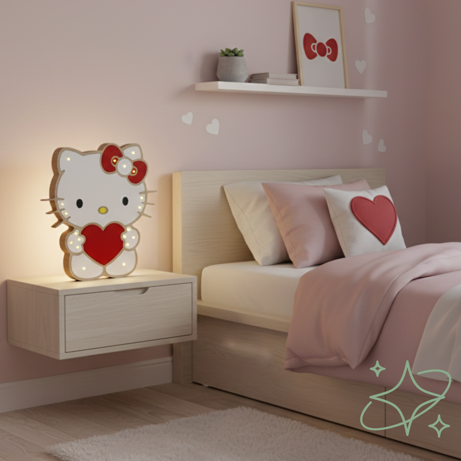 Lampada Hello Kitty Cuore in Legno Artigianale - Luce Notte | AllCraft