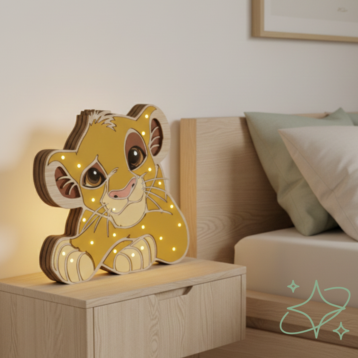 Lampada Simba Re Leone LED da Comodino - Luce Notturna Neonati in MDF - AllCraftLab