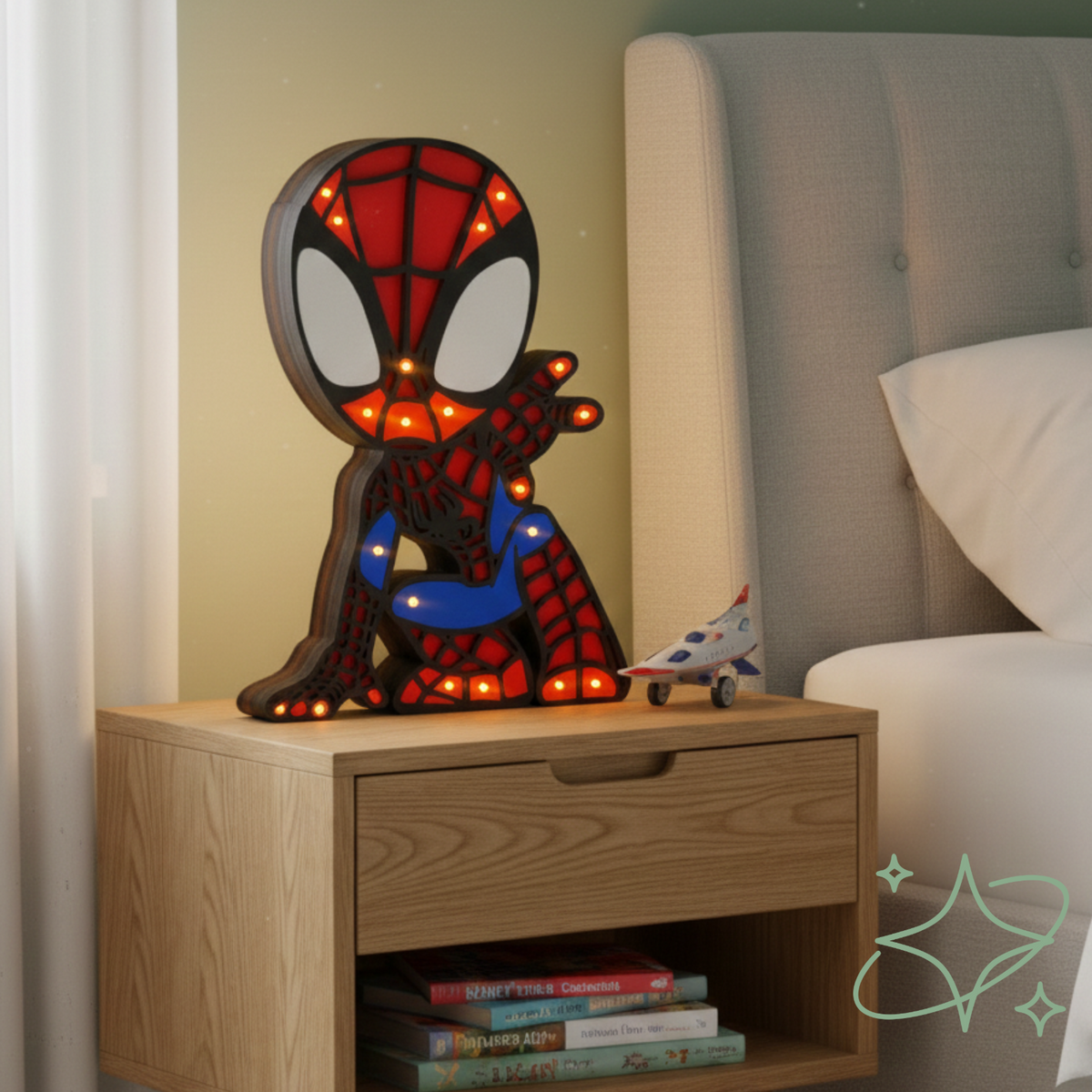 Lampada Spiderman LED da Comodino - Luce Notturna Bambini in MDF - AllCraftLab