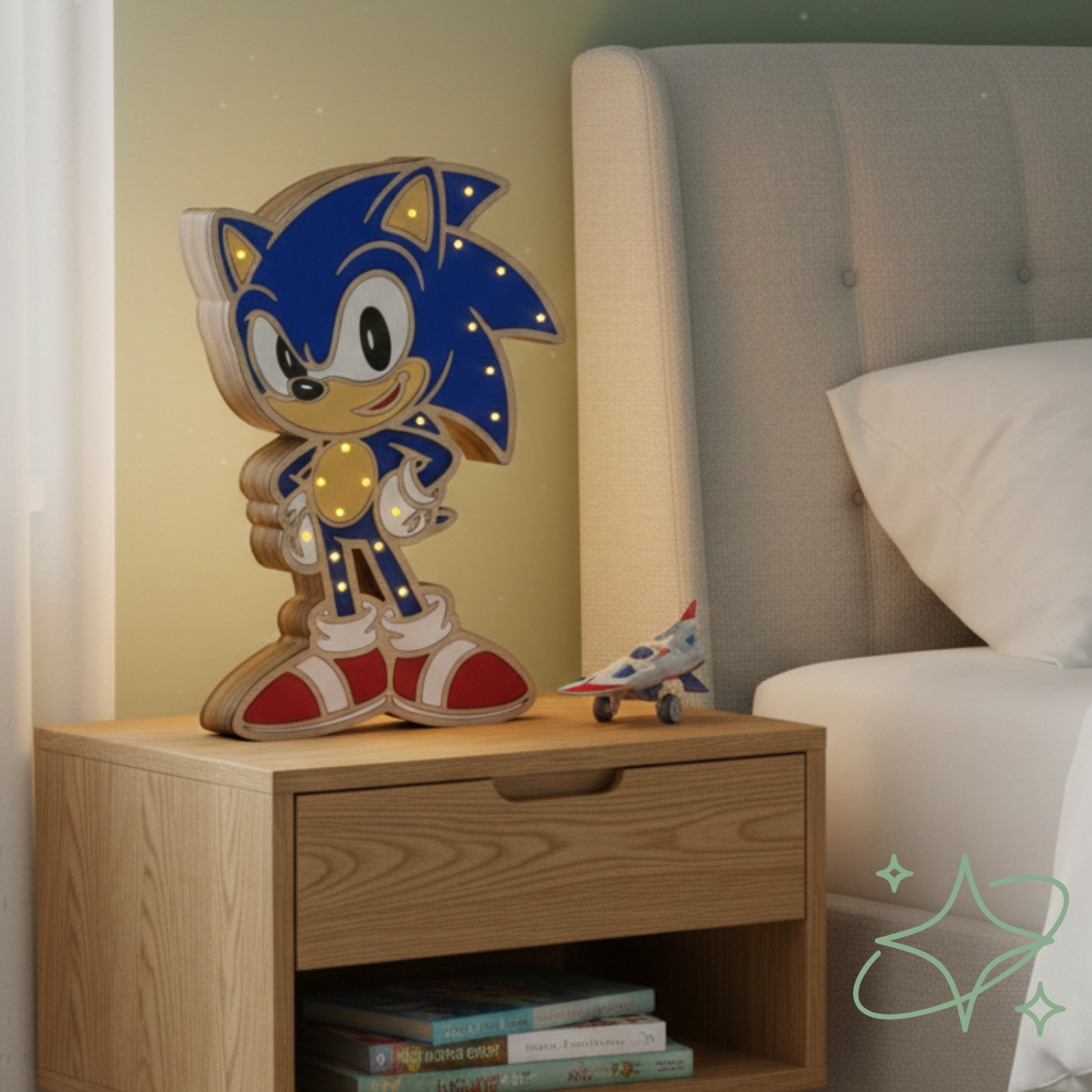 Lampada per Bambini Sonic in Legno Artigianale - Luce Notte per Cameretta | AllCraft