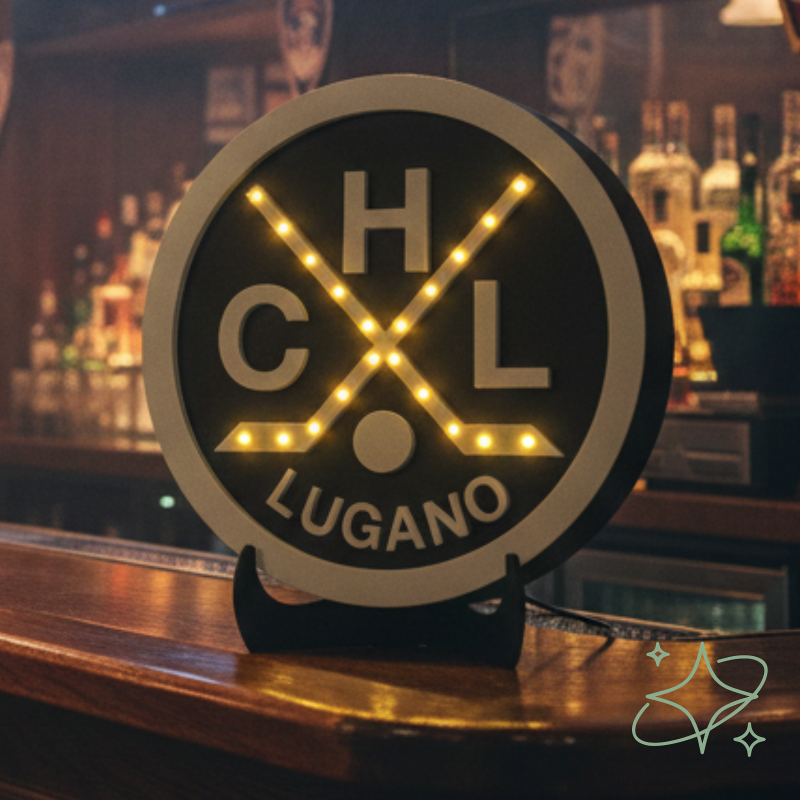 Lampada HC Lugano in Legno Artigianale - Luce Notte Tifosi Bianconeri | AllCraft