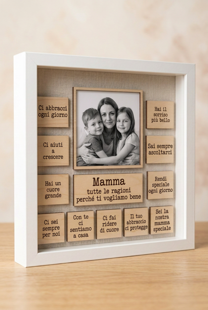 Quadro alla mamma con cornice bianca appoggiato sul tavolo, foto con bambino e bambina