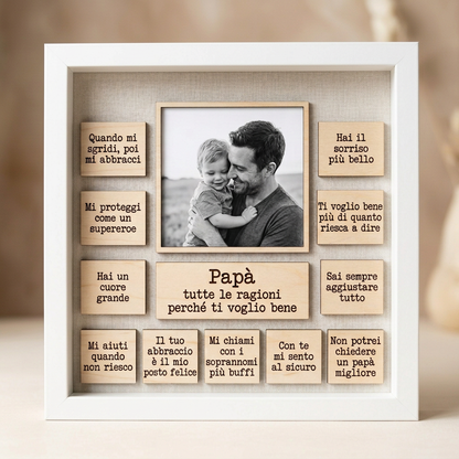 Vista frontale del quadro al papà con foto e dediche e cornice bianca