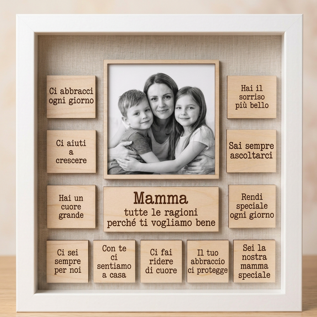 Vista frontale del quadro alla mamma con foto e dediche personalizzate