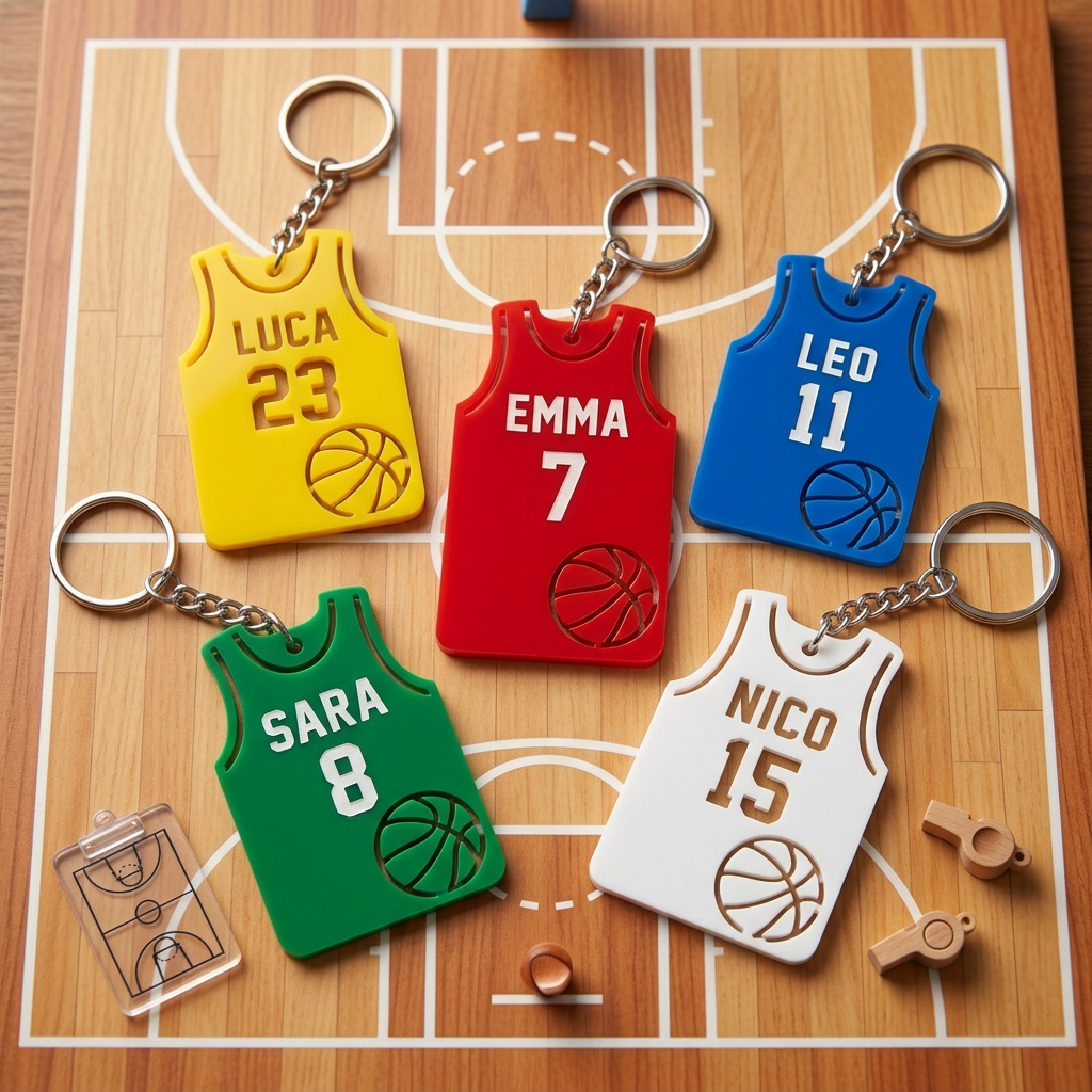 Proposta portachiavi basket personalizzati in giallo rosso blu verde e bianco