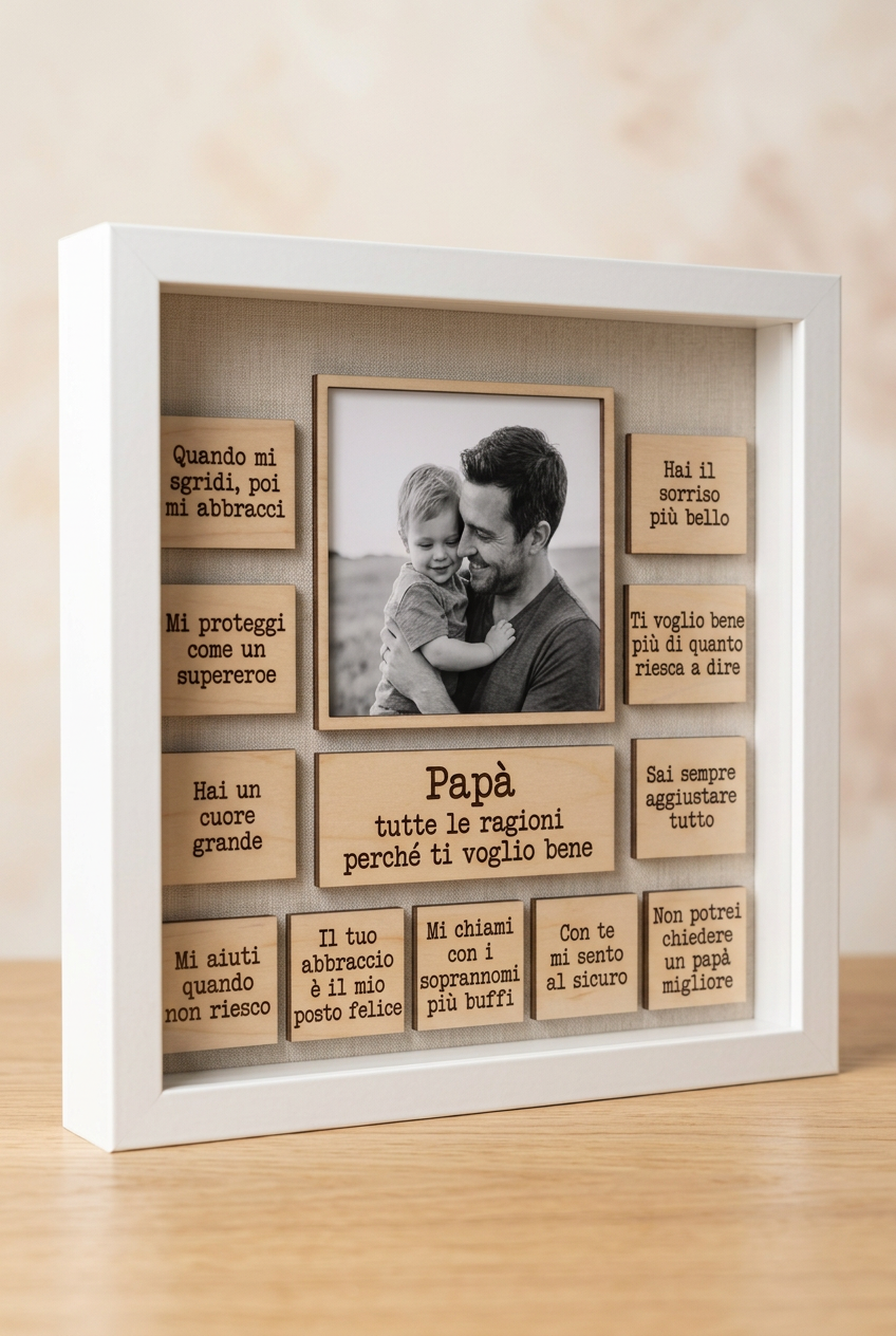 Quadro personalizzato al papà con cornice bianca appoggiato sul tavolo